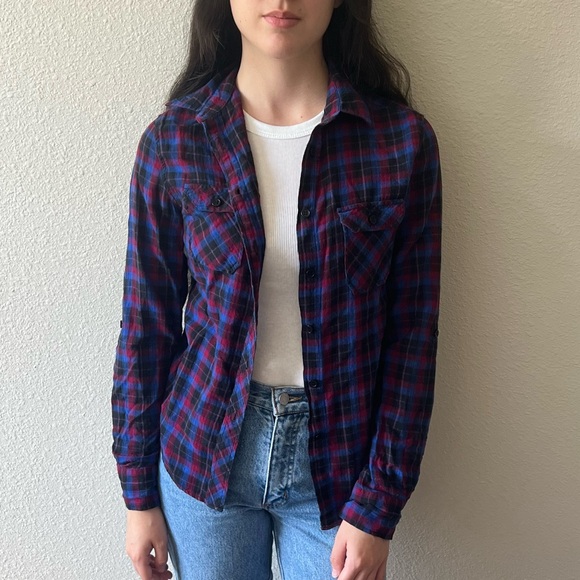BDG Plaid Button Down Long Sleeve Roll Tab Top Size XS - Picture 1 of 5